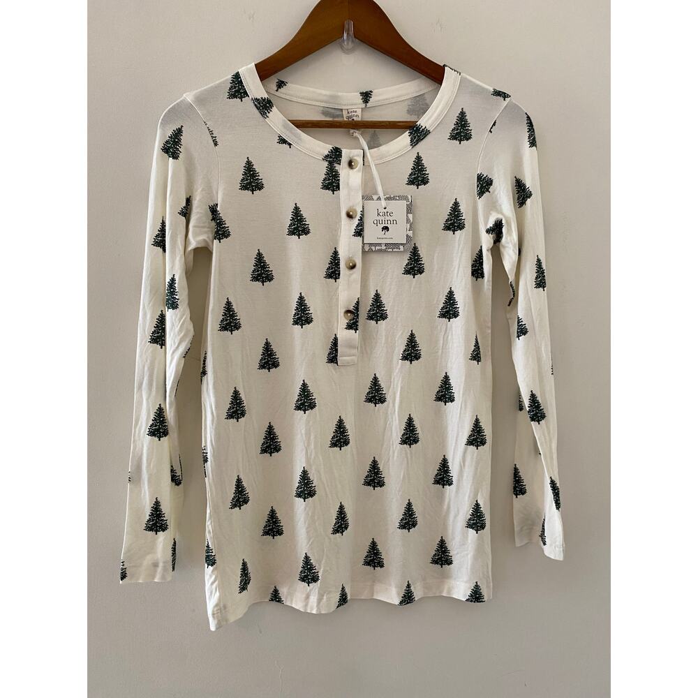 NWT Kate Quinn Off White Long Sleeve Tree Tee Shirt XS Bamboo Green Button Front